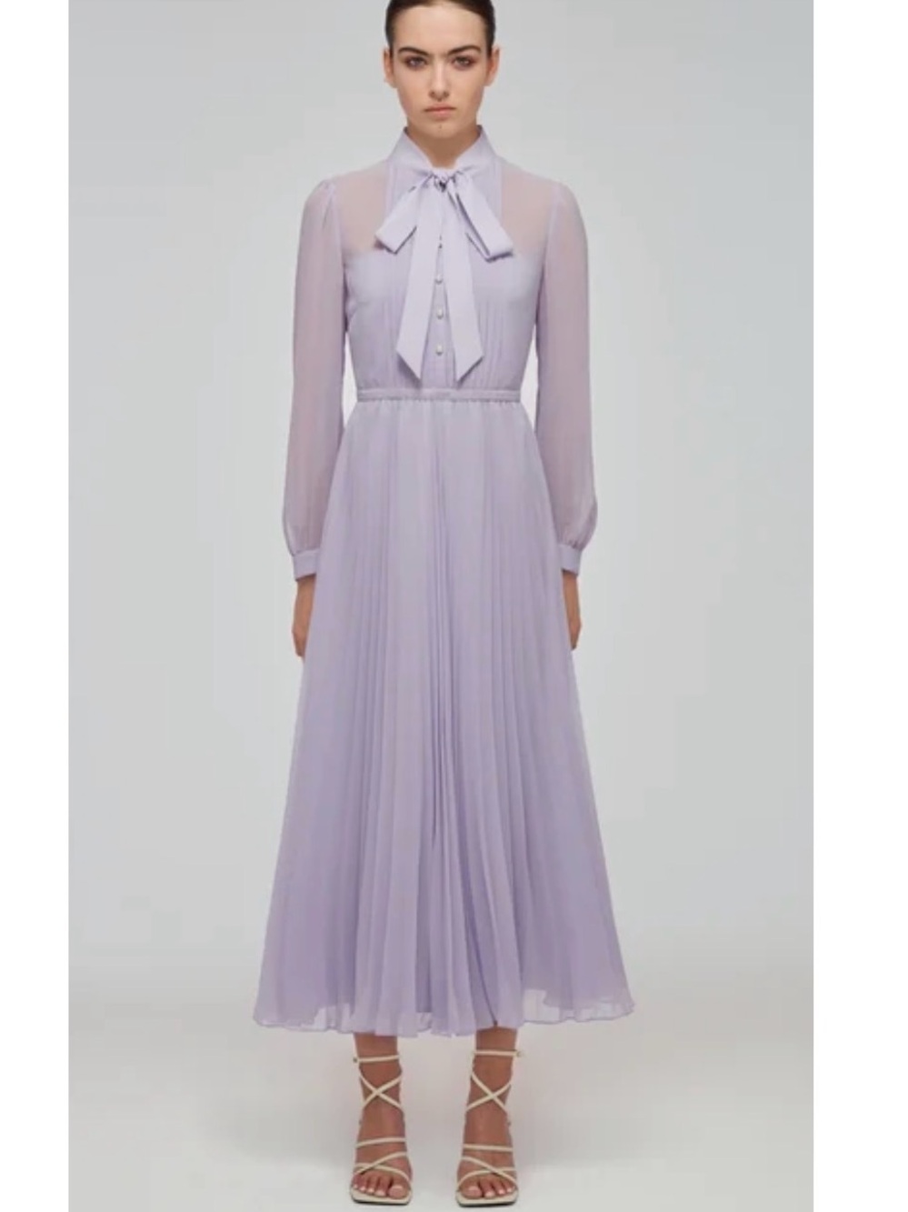 Self-Portrait Lilac chiffon Bow-Tie Pleated Long-Sleeve Midi Dress